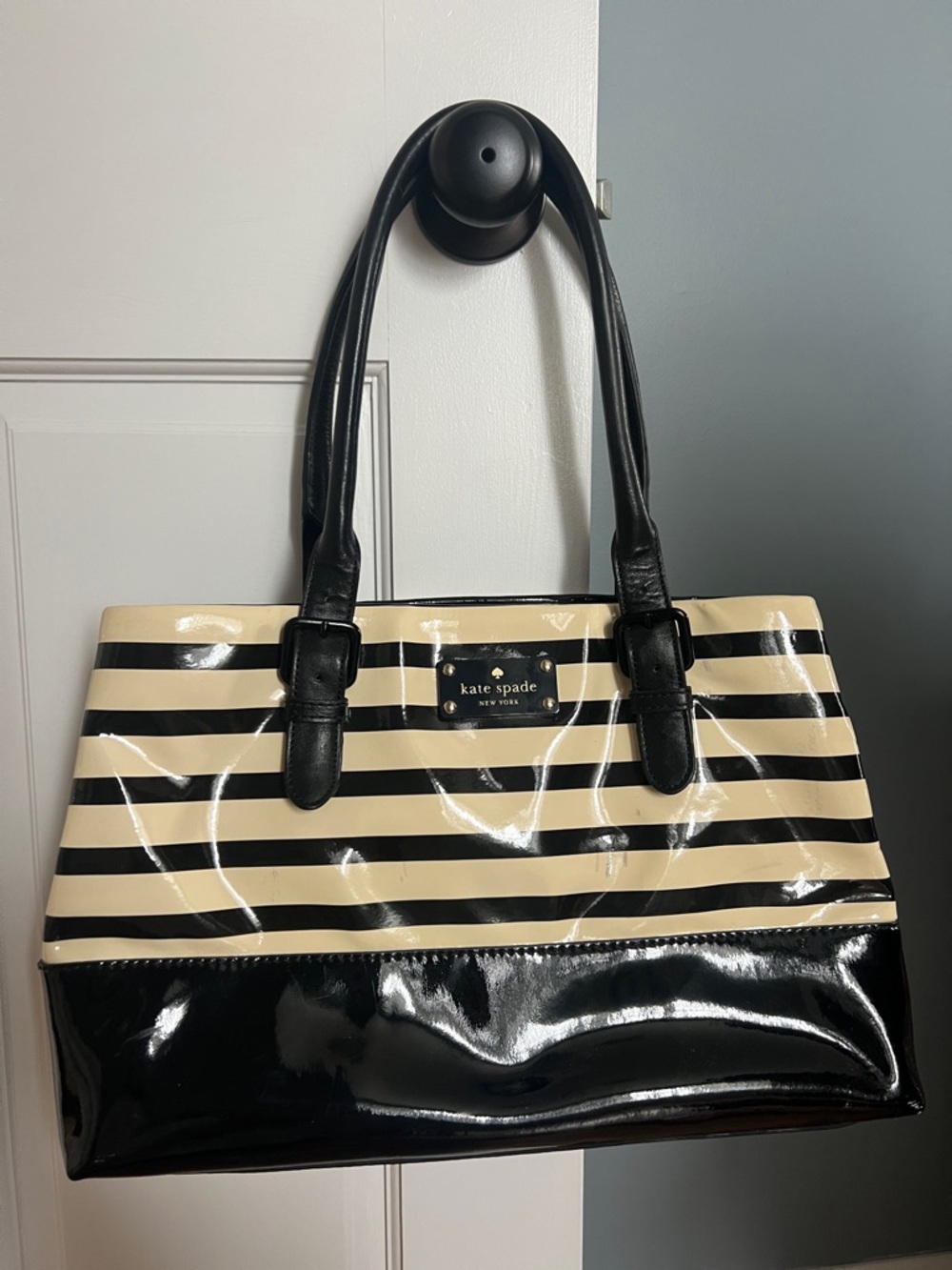 kate spade Black and Cream Striped Patent Tote